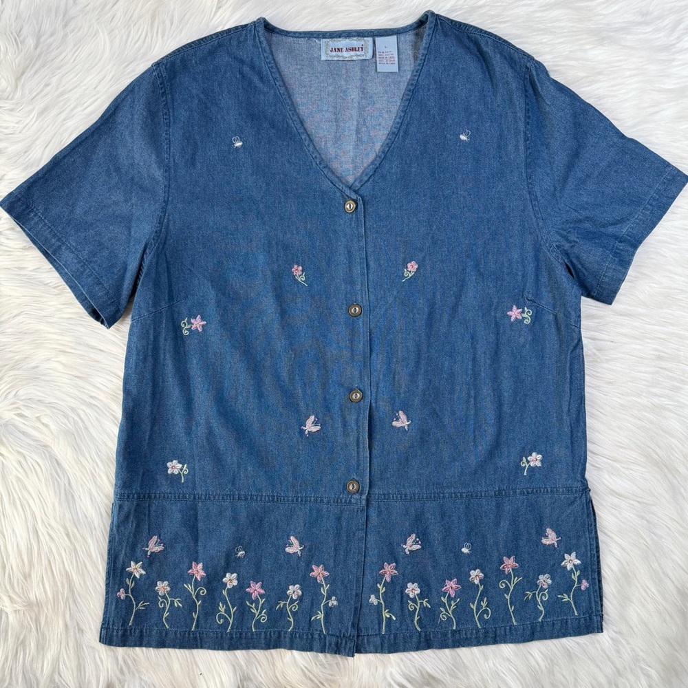 Vintage Jane Ashley Butterfly & Floral Embroidered Button-Down Denim Shirt